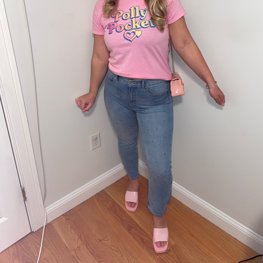 Express rhinestone studded crop flare jeans